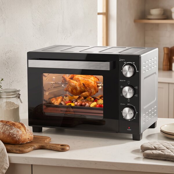 Forno Elettrico 1500 W 28 L 48,5x38x31 cm con Temperatura Regolabile Max 230° Timer 60 min Griglia e Teglia Argento