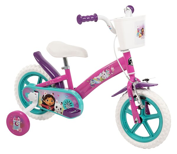Bicicletta Bambina 12 Pollici con Rotelle e Cestino Gabby's Dollhouse Rosa e Viola
