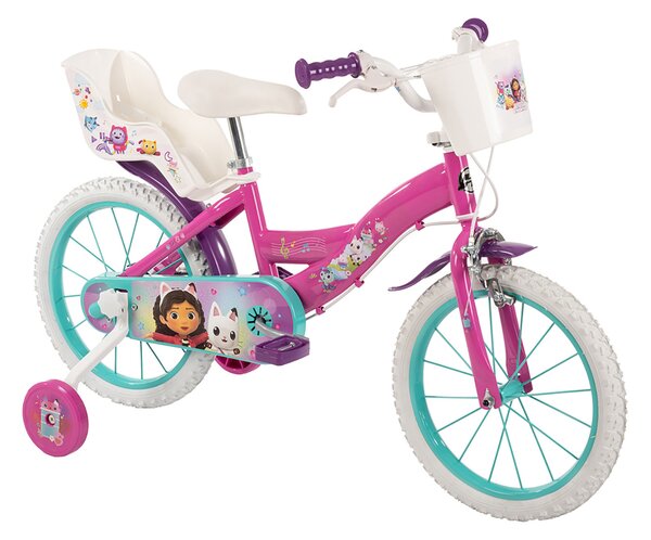 Bicicletta Bambina 16 Pollici con Rotelle Cestino e Portabambola Gabby's Dollhouse Rosa e Viola