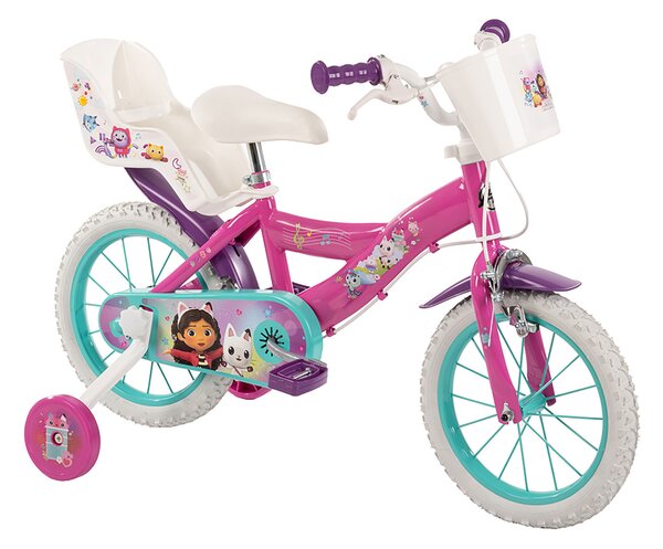 Bicicletta Bambina 14 Pollici con Rotelle Cestino e Portabambola Gabby's Dollhouse Rosa e Viola