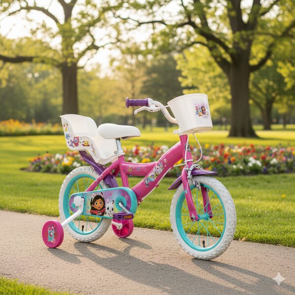 Bicicletta Bambina 14 Pollici con Rotelle Cestino e Portabambola Gabby's Dollhouse Rosa e Viola