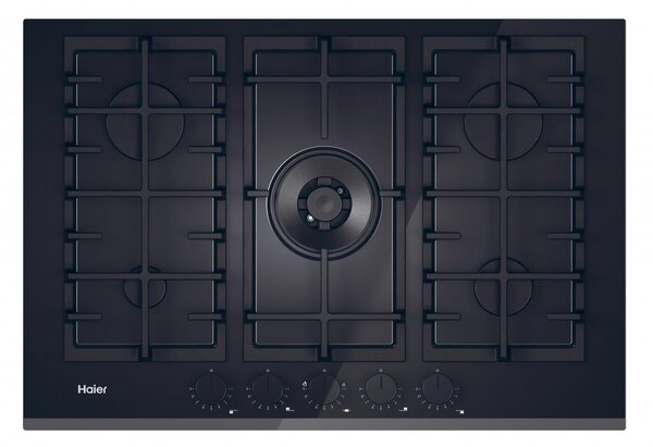 Haier Piano Cottura 5 Fuochi a Gas Larghezza 75 cm in Vetro colore Nero - HAVG75TBBP Gas On Glass Series 4