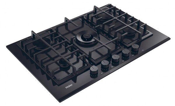 Haier Piano Cottura 5 Fuochi a Gas Larghezza 75 cm in Vetro colore Nero - HAVG75TBBP Gas On Glass Series 4