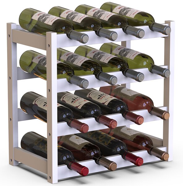 Cantinetta Portavino con 16 Scomparti Portabottiglie in Legno Bambù Colore Bianco