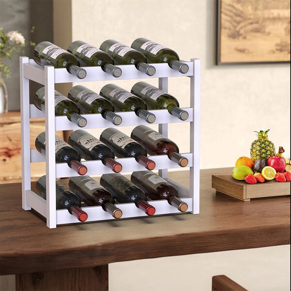 Cantinetta Portavino con 16 Scomparti Portabottiglie in Legno Bambù Colore Bianco