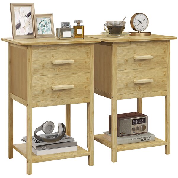 HOMCOM Set 2 Comodini in Bambù con 2 Cassetti e Ripiano Inferiore in stile Nordico, superficie verniciata, 40x34x60 cm| Aosom Italy