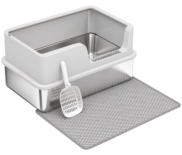 Lettiera per Gatti XL Fino a 8 kg 60x40x30 cm con Tappetino Vassoio e Paletta in Acciaio Inox e PP Grigio Chiaro