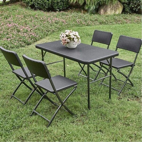 Set Tavolo e 4 Sedie Pieghevole Arredo Giardino in Polyrattan Nero