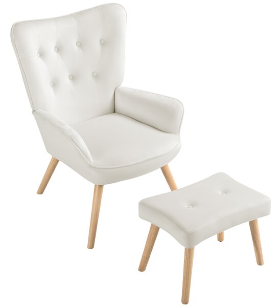 Poltrona da Salotto con Sgabello Poggiapiedi in Velluto Beige