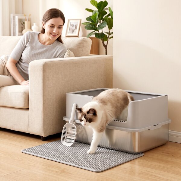 Lettiera per Gatti XL Fino a 8 kg 60x40x30 cm con Tappetino Vassoio e Paletta in Acciaio Inox e PP Grigio Chiaro