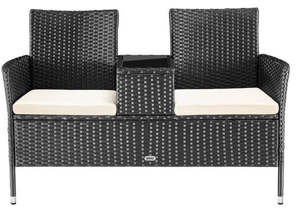 Divano da Giardino 2 Sedute Divise da Tavolino con Ripiano Vetro in Polyrattan Nero