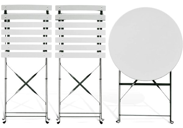 Set 3 Pezzi Giardino Tavolo con 2 Sedie Bistrot Bianco Pieghevole Modello Parigi