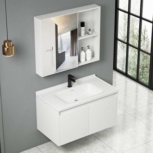 Set Composizione Bagno Pensile Sospeso 80 cm con Specchio Mobile Lavabo e Rubinetto Bianco