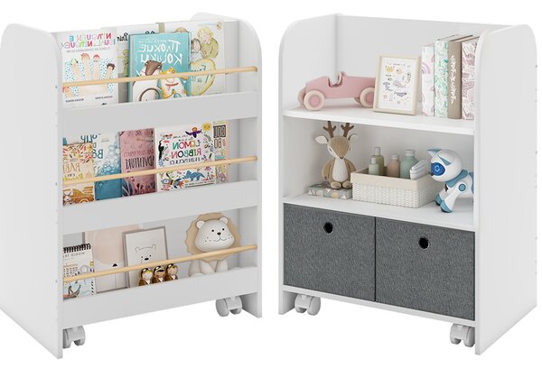 Libreria Montessoriana per Bambini con Ruote 2 in 1 Cassetti in Tessuto in Legno