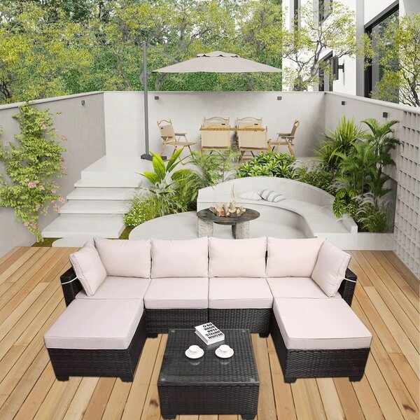 Set Patio Divano Modulabile da Esterno Cuscini Beige e Tavolino con Piano in Vetro in Polyrattan