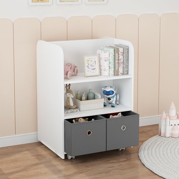 Libreria Montessoriana per Bambini con Ruote 2 in 1 Cassetti in Tessuto in Legno
