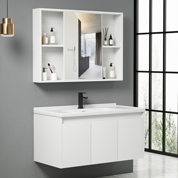 Set Composizione Bagno Pensile Sospeso 90 cm con Specchio Mobile Lavabo e Rubinetto Bianco