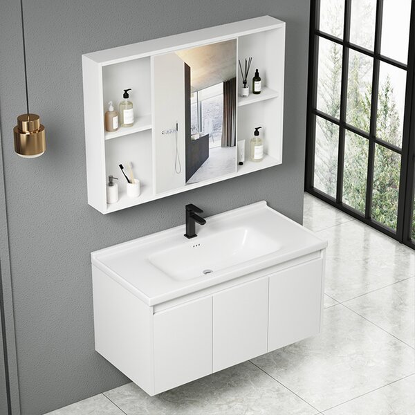 Set Composizione Bagno Pensile Sospeso 90 cm con Specchio Mobile Lavabo e Rubinetto Bianco