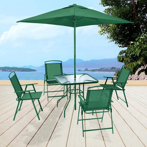 Set da Pranzo 6 Pezzi per Giardino Tavolo con Ombrellone 4 Sedie Pieghevoli Verde