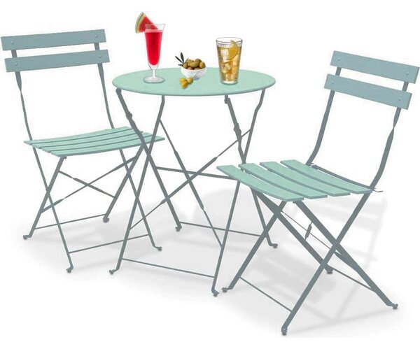 Set 3 Pezzi Giardino Tavolo 2 Sedie Bistrot Pieghevole Modello Parigi Verde Acqua
