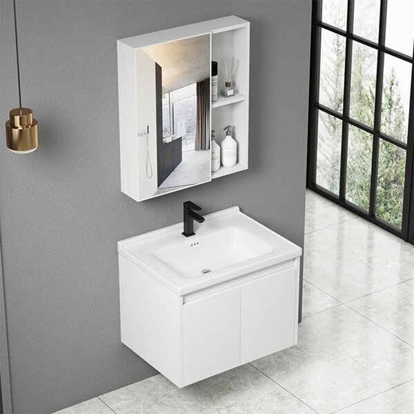 Set Composizione Bagno Pensile Sospeso 60 cm con Specchio Mobile Lavabo e Rubinetto Bianco