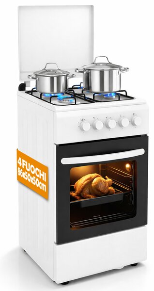 Cucina a Gas 86x50x50 cm Piano Cottura a 4 Fuochi da Esterno con Forno e Coprifuochi Bianco