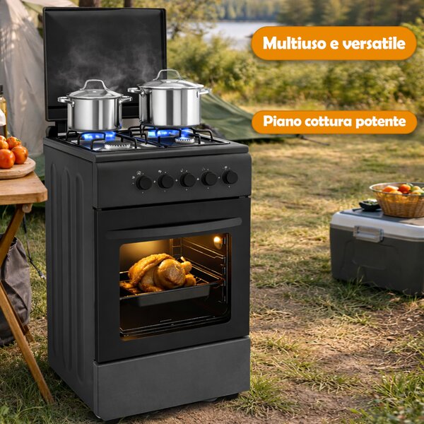Cucina a Gas 86x50x50 cm Piano Cottura a 4 Fuochi da Esterno con Forno e Coprifuochi Nero