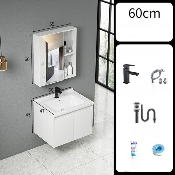 Set Composizione Bagno Pensile Sospeso 60 cm con Specchio Mobile Lavabo e Rubinetto Bianco