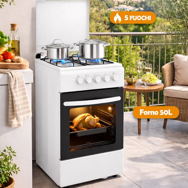 Cucina a Gas 86x50x50 cm Piano Cottura a 4 Fuochi da Esterno con Forno e Coprifuochi Bianco