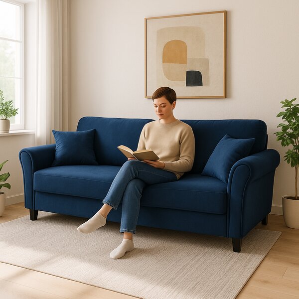 Divano 3 Posti 212x75x87cm con Rivestimento in Velluto Premium Blu