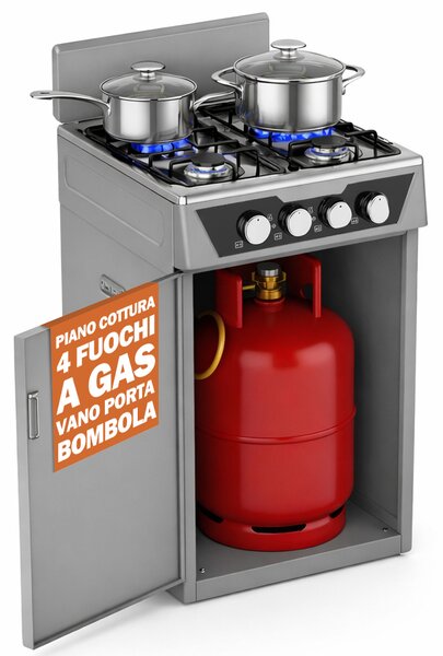 Cucina a Gas 48,5x45,5x 65,5 cm con Piano Cottura 4 Fuochi da Esterno con Vano Portabombola Grigio