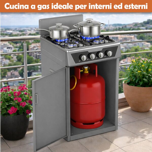 Cucina a Gas 48,5x45,5x 65,5 cm con Piano Cottura 4 Fuochi da Esterno con Vano Portabombola Grigio
