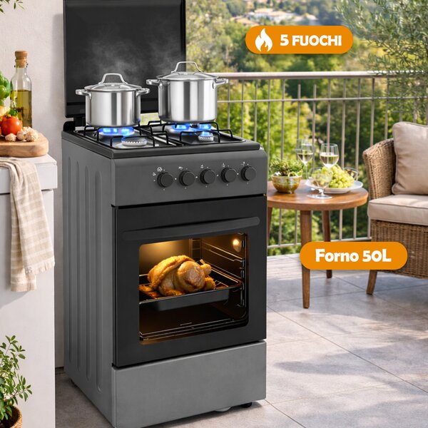 Cucina a Gas 86x50x50 cm Piano Cottura a 4 Fuochi da Esterno con Forno e Coprifuochi Grigio