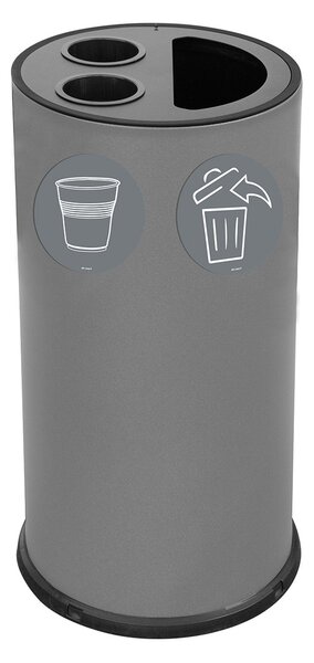 Pattumiera a Bidone per Raccolta Differenziata Ø35x72 cm 2 Scomparti Tubolari e 1 Scomparto da 35 L in Acciaio Verniciato Grigio