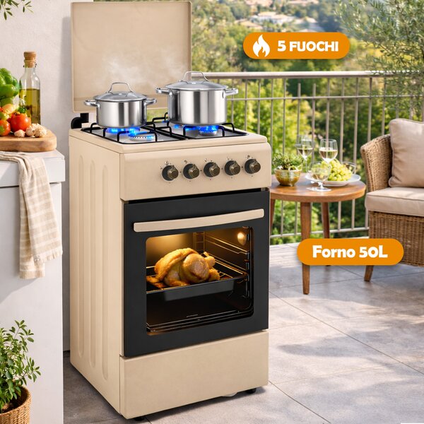 Cucina a Gas 86x50x50 cm Piano Cottura a 4 Fuochi da Esterno con Forno e Coprifuochi Beige