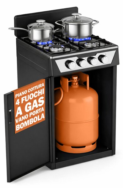 Cucina a Gas 48,5x45,5x 65,5 cm con Piano Cottura 4 Fuochi da Esterno con Vano Portabombola Nero