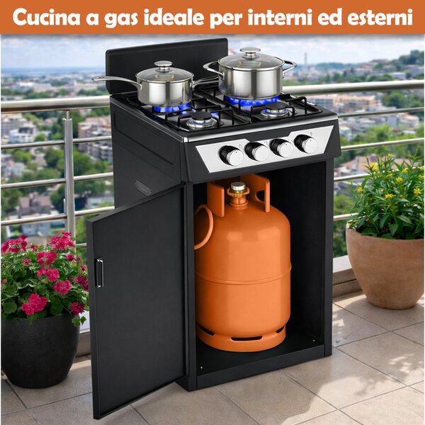 Cucina a Gas 48,5x45,5x 65,5 cm con Piano Cottura 4 Fuochi da Esterno con Vano Portabombola Nero