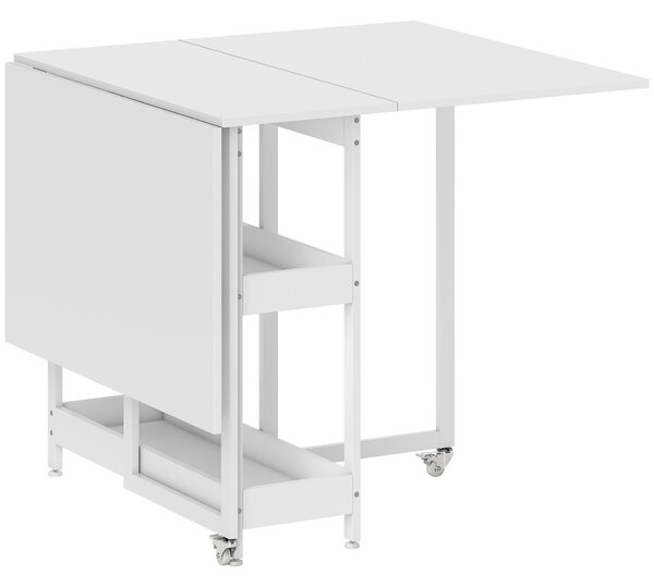Tavolo Pieghevole a 2 Ribalte per 4 Persone 133,4x80x75 cm con 2 Ripiani Aperti in Legno e Metallo Bianco