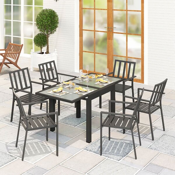 Tavolo da Pranzo Allungabile da Giardino 80-160x80x75 cm con Piano in Vetro e Alluminio Nero e Trasparente