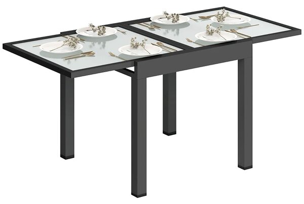 Tavolo da Pranzo Allungabile da Giardino 80-160x80x75 cm con Piano in Vetro e Alluminio Nero e Trasparente