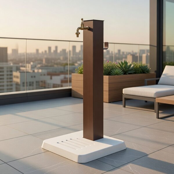 Fontana Decorativa da Esterno con Base in Cemento e Rubinetto in Ottone 45x45x97cm Effetto Corten