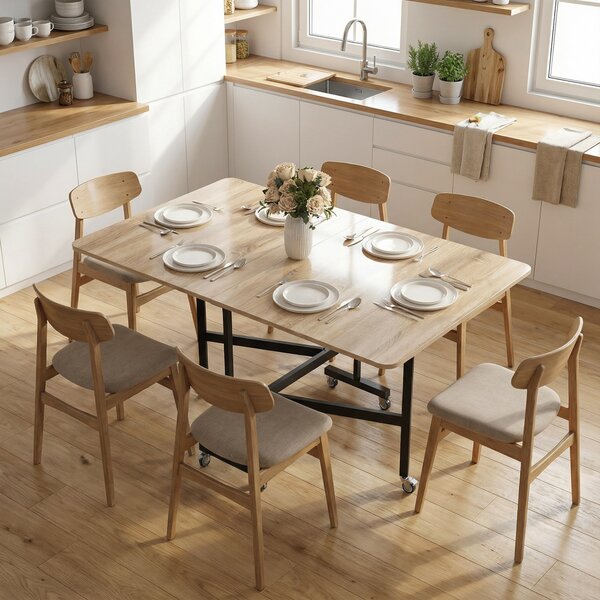 Tavolo Pieghevole per 4-6 Persone 120x80x73 cm con 2 Ribalte e Ruote con Freno Struttura in Acciaio Rovere