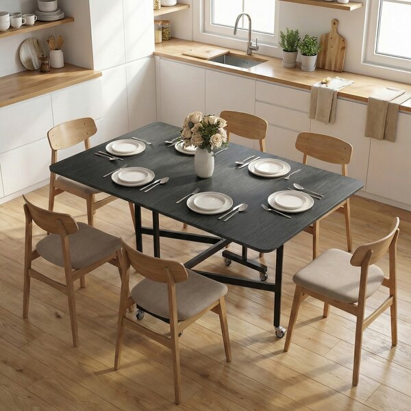 Tavolo Pieghevole per 4-6 Persone 120x80x73 cm con 2 Ribalte e Ruote con Freno Struttura in Acciaio Nero Effetto Legno