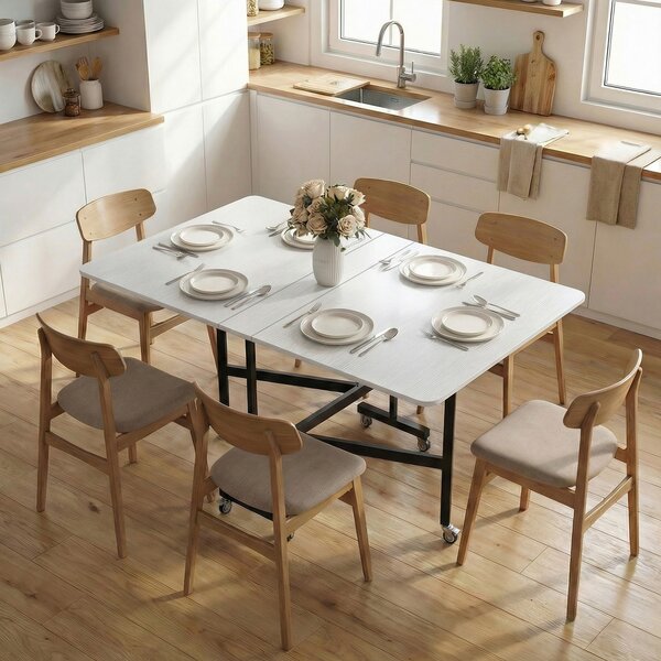Tavolo Pieghevole per 4-6 Persone 120x80x73 cm con 2 Ribalte e Ruote con Freno Struttura in Acciaio Bianco Legno