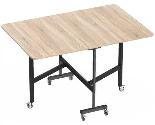 Tavolo Pieghevole per 4-6 Persone 120x80x73 cm con 2 Ribalte e Ruote con Freno Struttura in Acciaio Rovere