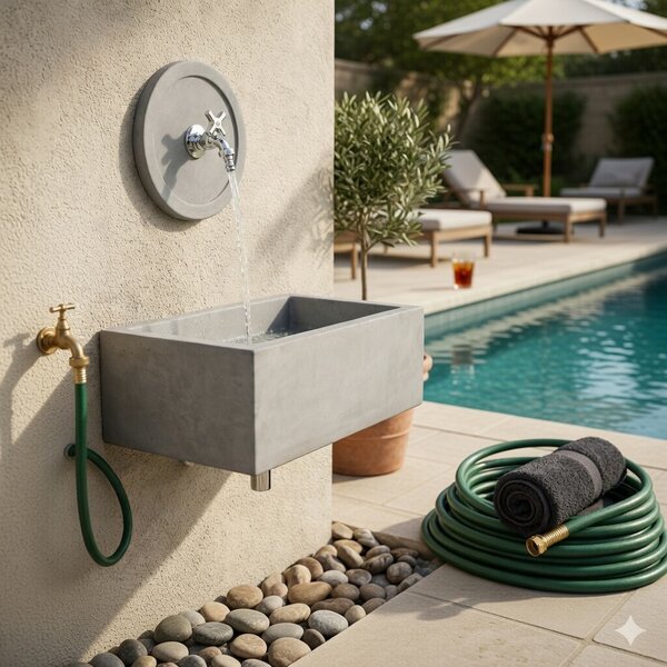 Lavello Rettangolare da Esterno 45x35 cm con Rosone Installazione a Muro in Cemento Madrid Grigio