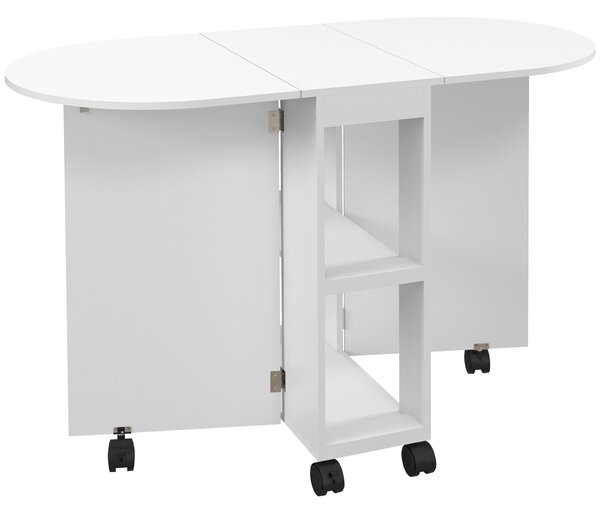 Tavolo da Pranzo Pieghevole per 2-4 Persone 120x60x77 cm con 6 Ruote Ripiani a 2 Livelli e 2 Ribalte in Pannello di Particelle Bianco