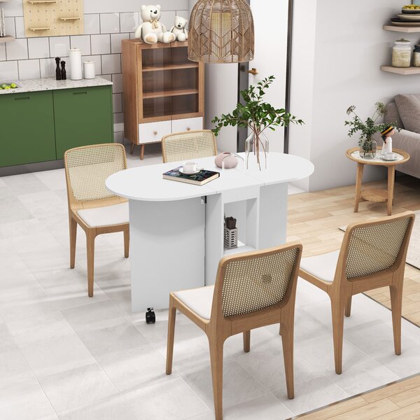 Tavolo da Pranzo Pieghevole per 2-4 Persone 120x60x77 cm con 6 Ruote Ripiani a 2 Livelli e 2 Ribalte in Pannello di Particelle Bianco
