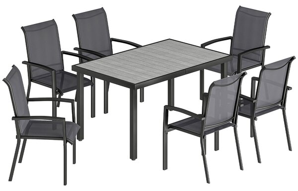 Set 7 Pezzi da Giardino con Tavolo a 2 Sezioni e 6 Sedie Impilabili in Texteline Grigio