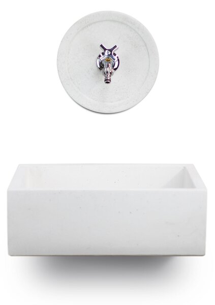 Lavello Rettangolare da Esterno 45x35 cm con Rosone Installazione a Muro in Cemento Madrid Bianco